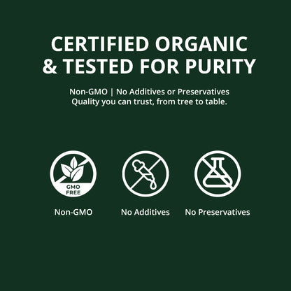 Certified organic and tested for purity label with non-GMO, no additives, no preservatives icons