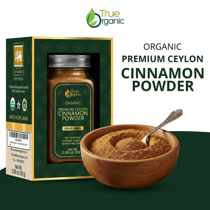 Organic premium Ceylon cinnamon powder jar and wooden bowl with spoon, True Organic brand packaging