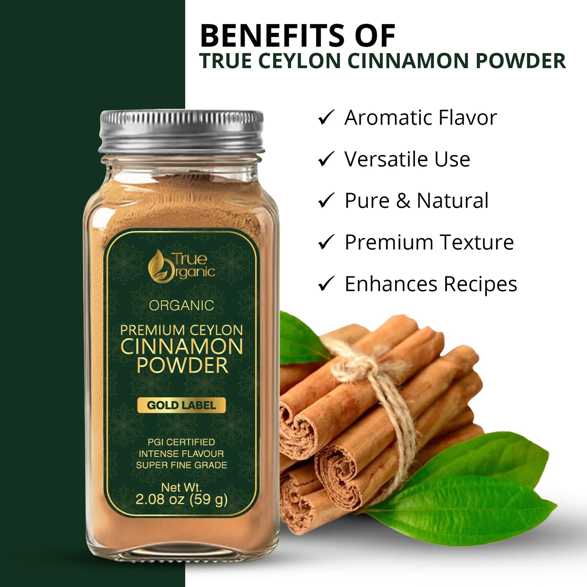 Jar of True Organic premium Ceylon cinnamon powder with tied cinnamon sticks and green leaves