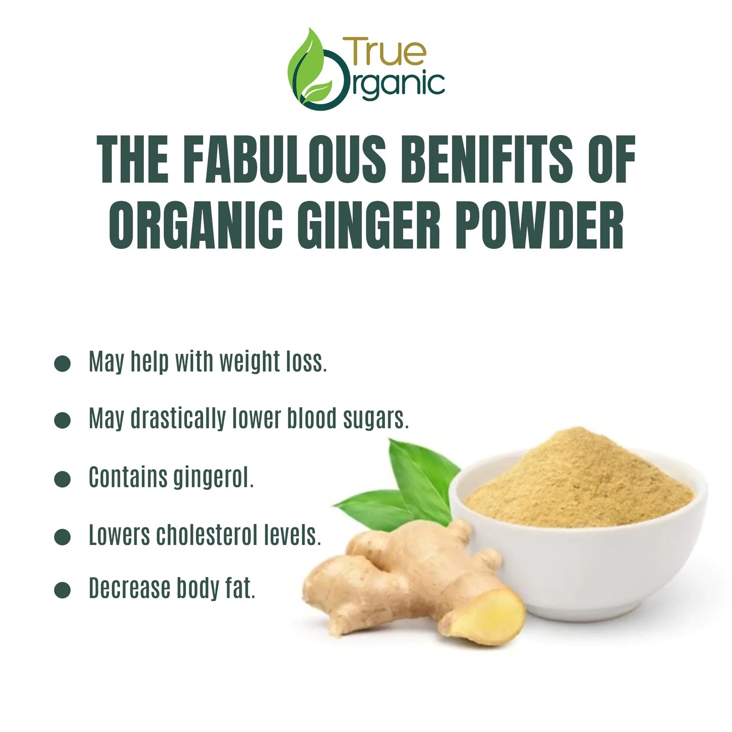 White bowl of organic ginger powder beside fresh ginger root and green leaves on white background