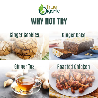 Four ginger recipes: stacked ginger cookies, ginger cake with frosting, clear cup of ginger tea, and plate of roasted chicken drumsticks