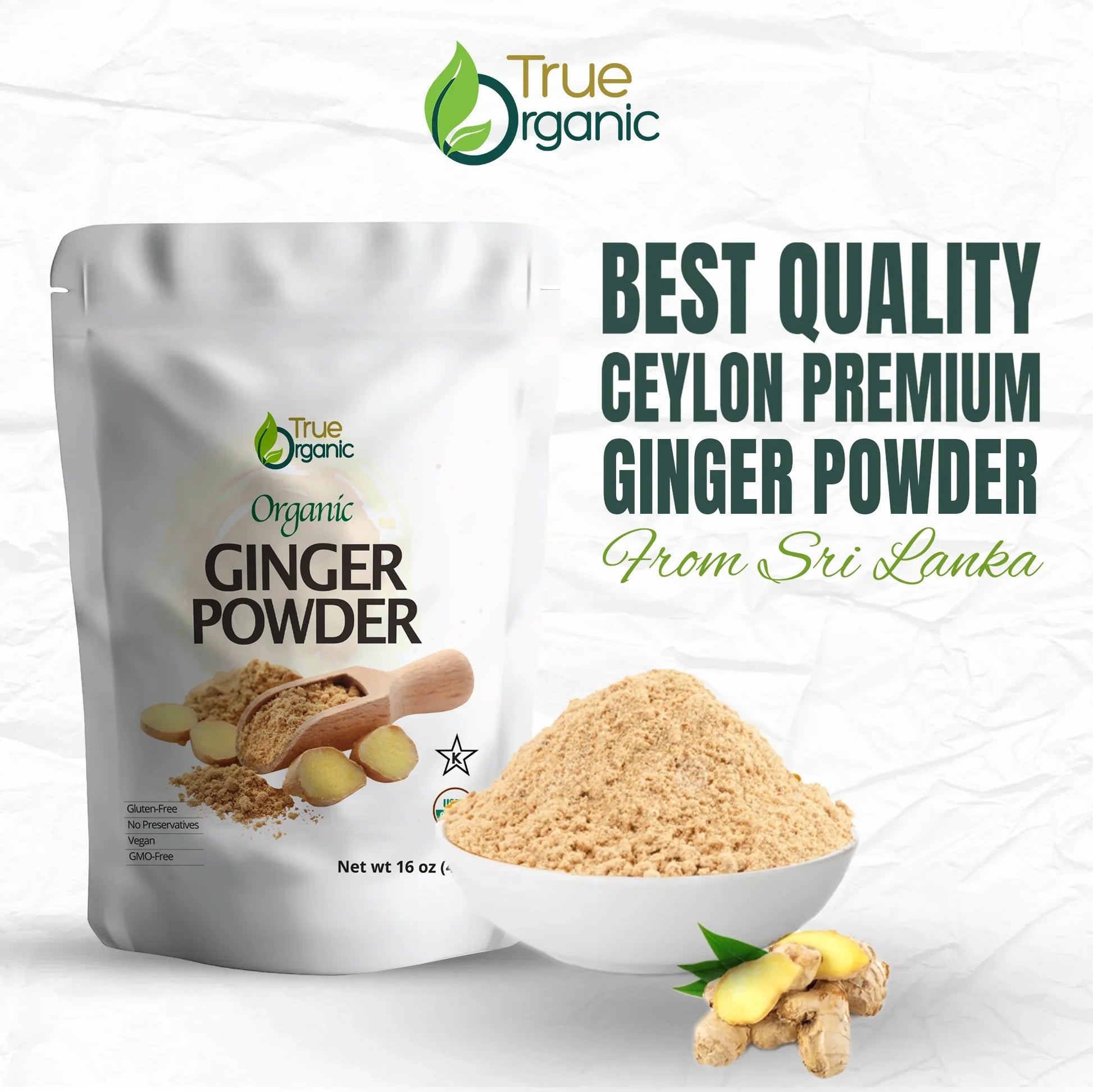 True Organic packaging and bowl of Ceylon premium organic ginger powder with ginger root slices