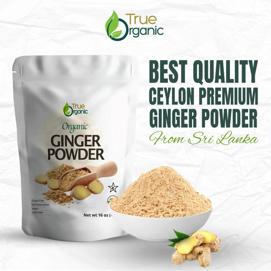True Organic packaging and bowl of Ceylon premium organic ginger powder with ginger root slices