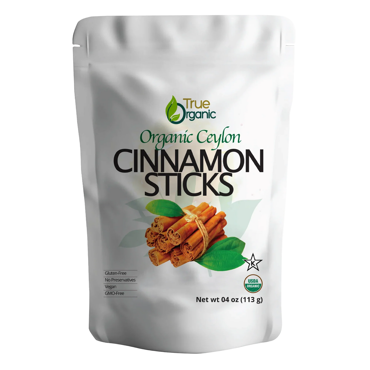 True Organic Organic Ceylon Cinnamon Sticks 4oz pack with USDA organic label and cinnamon sticks image