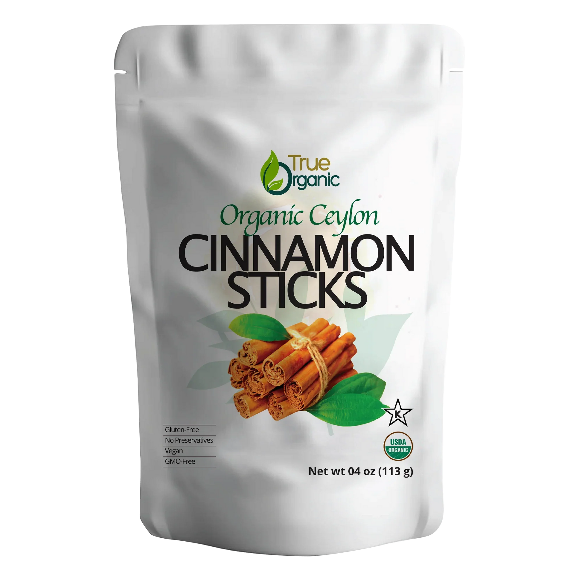 True Organic Organic Ceylon Cinnamon Sticks 4oz pack with USDA organic label and cinnamon sticks image