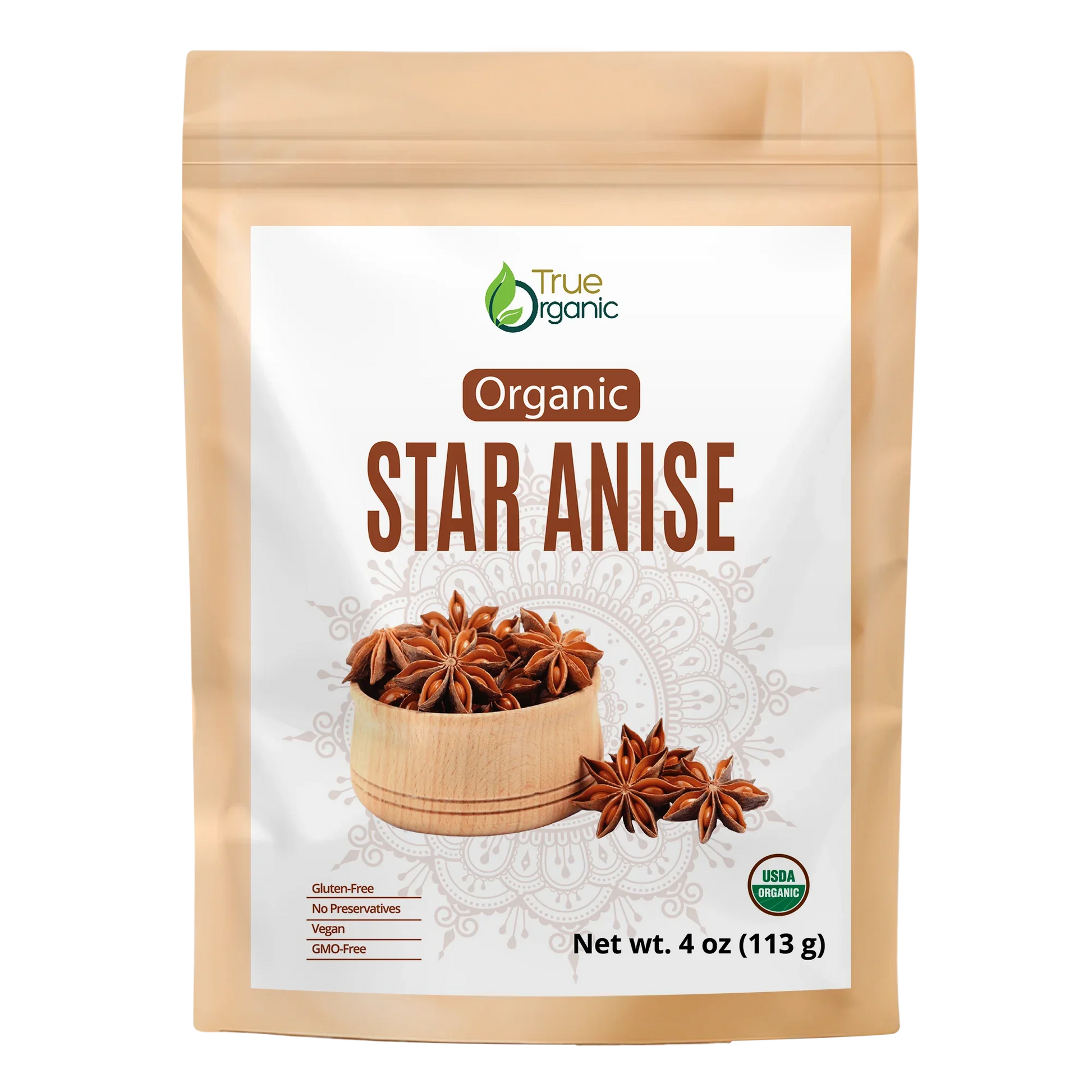 True Organic brand organic star anise in resealable brown package, gluten-free, vegan, USDA organic