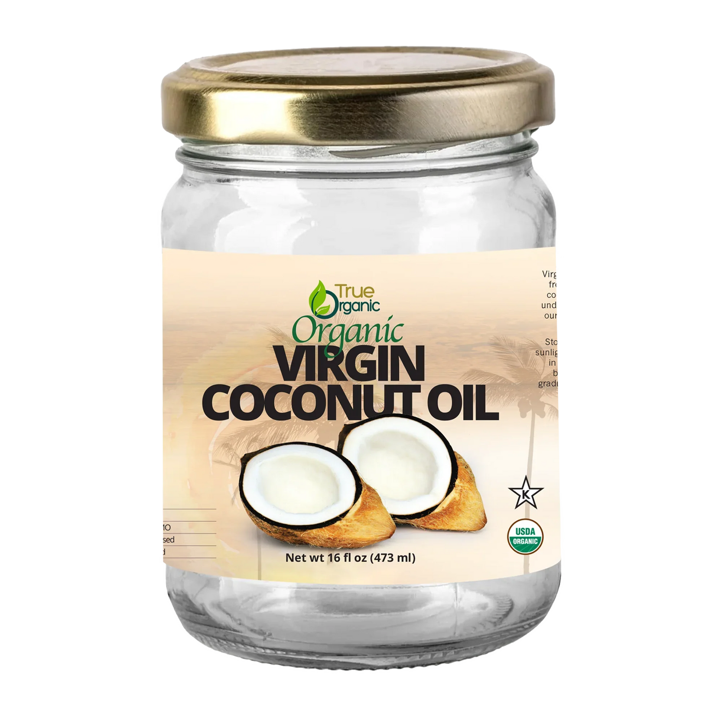 True Organic Virgin Coconut Oil glass jar with gold lid and coconut image, 16 fl oz