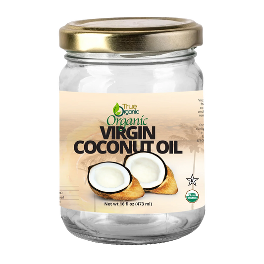 True Organic Virgin Coconut Oil glass jar with gold lid and coconut image, 16 fl oz